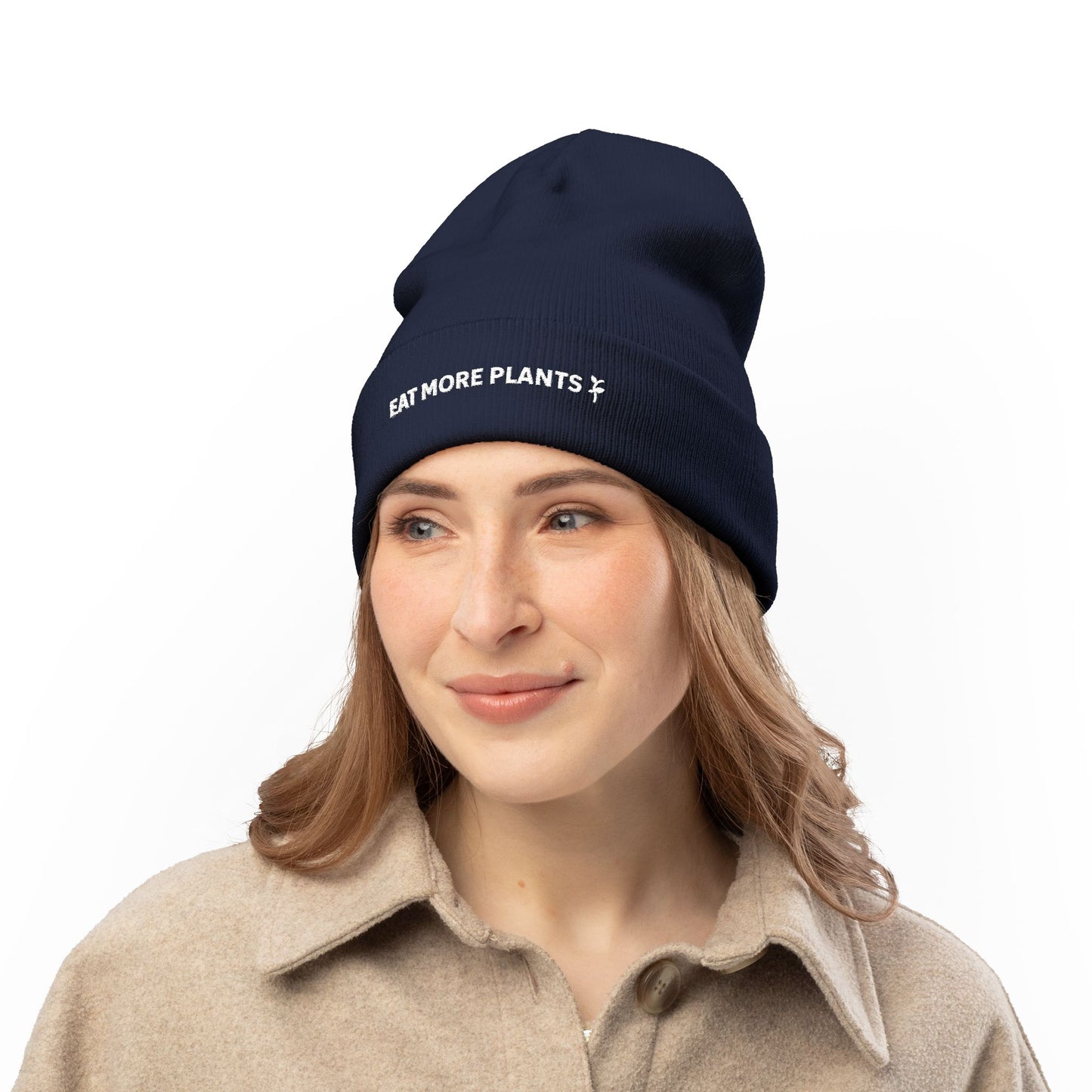 Eco-Friendly Knit Beanie with 'Eat More Plants' Embroidery, Vegan Gift, Winter Accessory, Sustainable Fashion, Plant-Based Lifestyle