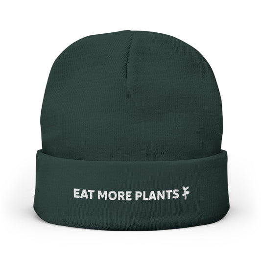 Eco-Friendly Knit Beanie with 'Eat More Plants' Embroidery, Vegan Gift, Winter Accessory, Sustainable Fashion, Plant-Based Lifestyle